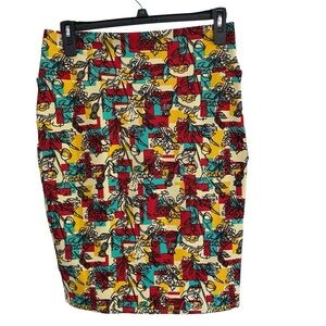 LulaRoe CASSIE Red & Blue Yellow Floral Knit Pencil Skirt Size MEDIUM